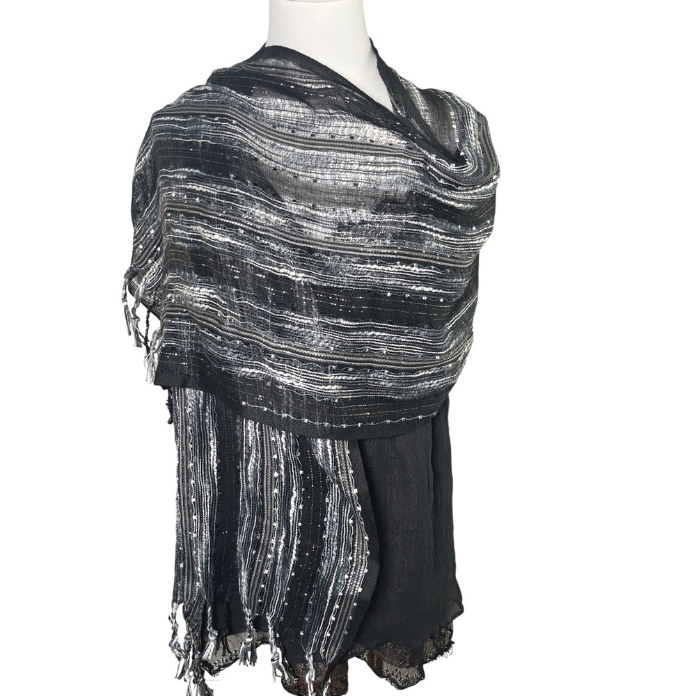 Textured Black Silver Metallic Scarf Wrap‎ Fringe Sheer Woven Boho Shawl